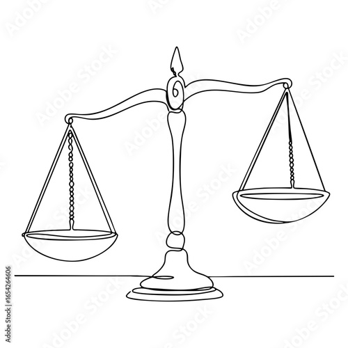 Vector line art illustration of balance scales, symbol of justice and law, elegant minimalistic outline drawing for legal or philosophical concepts