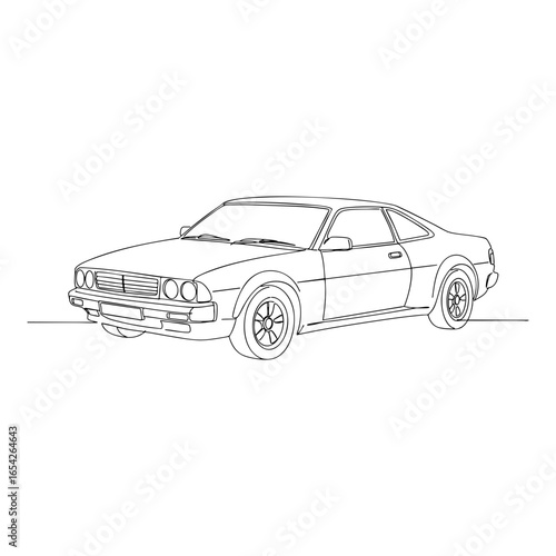 Vector line art of vintage coupe car with rectangular headlights, detailed outline sketch in three quarter view for retro automobile design