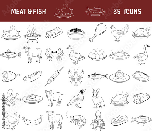 Meat and fish icons list transparent background