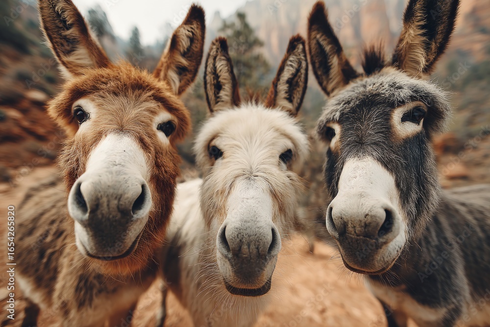 Fototapeta premium Three friendly donkeys showing curiosity in a captivating close-up portrait