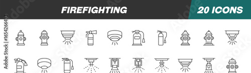 Collection of Icons of Firefighting for Shops and Stores. Suitable for books, stores, shops. Editable stroke in minimalistic outline style. Symbol for design