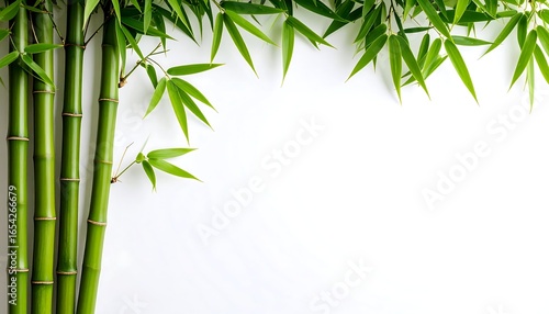 Fresh green bamboo stalks and leaves against a white background