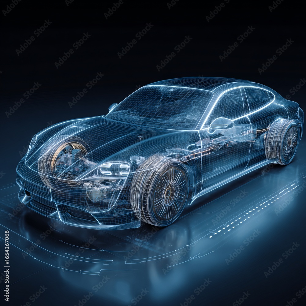 Naklejka premium A futuristic car design rendered in sleek lines and digital detail, showcasing innovative engineering and automotive design.