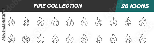 Collection of icons of Fire, Flame for Advertisement. Suitable for books, stores, shops. Editable stroke in minimalistic outline style. Symbol for design