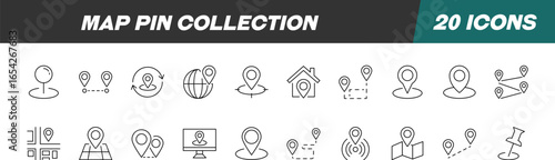 Collection of Line Icons of Map Pin. Suitable for books, stores, shops. Editable stroke in minimalistic outline style. Symbol for design