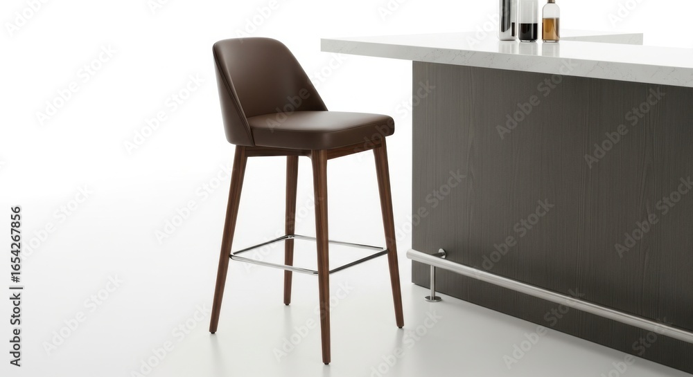 Fototapeta premium Stylish brown leather bar stool with dark wood legs at a modern bar