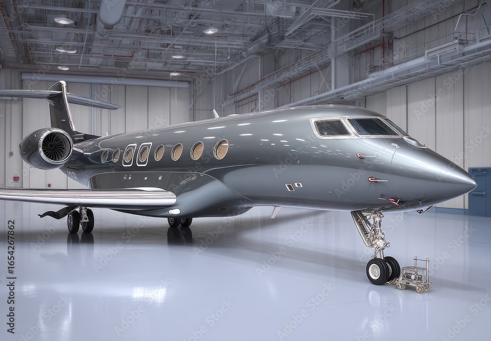 Naklejka premium Dark gray private jet in hangar