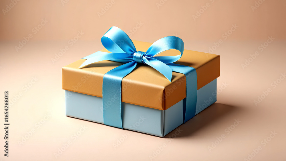 Obraz premium Elegant gift box with satin blue ribbon offers a touch of luxury, perfect for celebrations and special occasions.