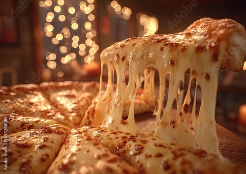 A close-up view of a pizza slice with melted cheese dripping.  The warm lighting of a cozy setting adds to the inviting atmosphere