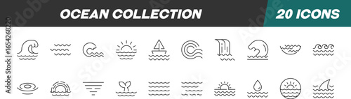 Collection of Line Icons of Sea, Ocean, Marine for Adverts. Suitable for books, stores, shops. Editable stroke in minimalistic outline style. Symbol for design