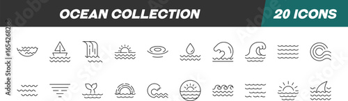 Collection of Line Signs of Sea, Ocean, Marine. Suitable for books, stores, shops. Editable stroke in minimalistic outline style. Symbol for design