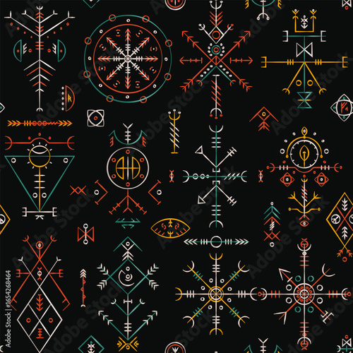 Colorful viking metallic runes. Seamless pattern.