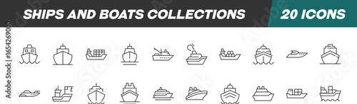 Collection of Line Icons of Ships. Suitable for books, stores, shops. Editable stroke in minimalistic outline style. Symbol for design