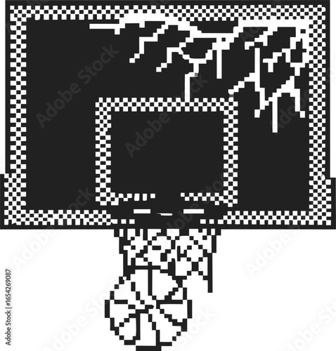 Broken pixel basketball hoop and ball retro digital pixelated style, cracked backboard, classic arcade sports game art