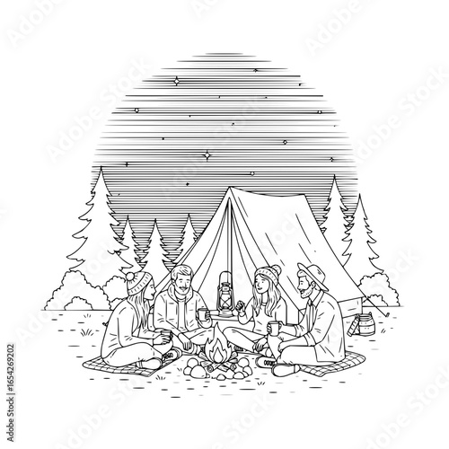 Group of friends camping around a fire near a tent under a starry night sky illustration
