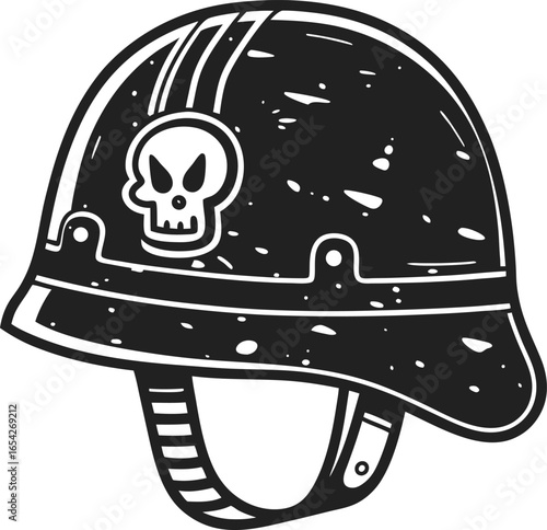 Military helmet with skull emblem, black and white retro protective army gear illustration for defense concept