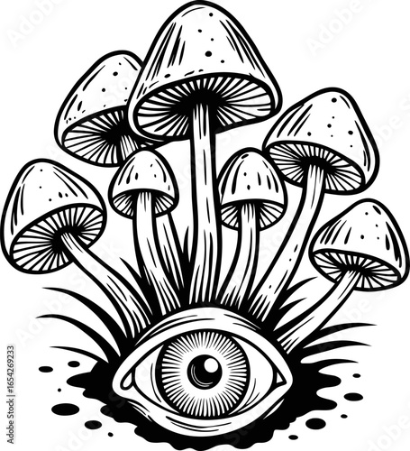 Surreal cluster of mushrooms with all seeing eye psychedelic botanical illustration, mystical fantasy nature drawing, black and white