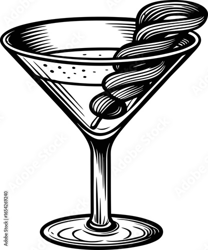 Classic martini cocktail in elegant glass with olive garnish hand drawn sketch, vintage style, alcoholic drink, bar illustration