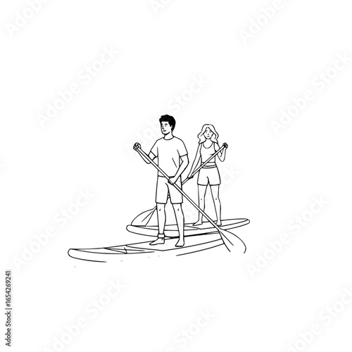 A couple paddle boarding together on a bright white background with paddles in their hands and boards afloat