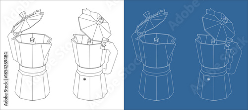 Moka pot coffee maker blueprint front side perspective