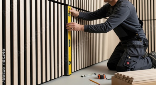 Worker using a level while placing acoustic slat panels ensuring perfect vertical alignment in soundisolated space.