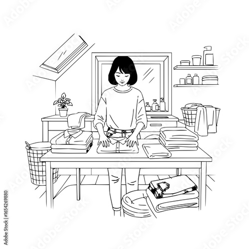 Woman folding laundry in a bright room with folded clothes and laundry baskets in the background