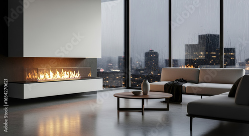 Modern minimalist living room with a sleek glass fireplace, large windows showing a rainy evening city skyline, reflections on the floor creating a cozy atmosphere.
