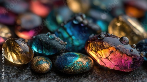 Close-up of colorful gemstones with water droplets