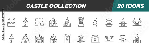 Collection of Line Icons of Castle for Adverts. Suitable for books, stores, shops. Editable stroke in minimalistic outline style. Symbol for design
