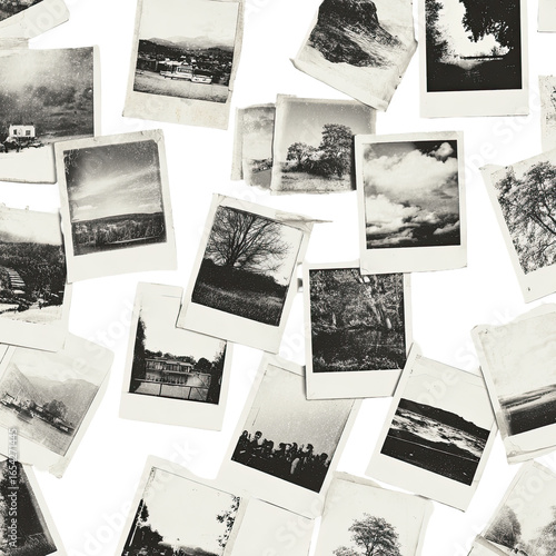 Black and white photos scattered, nostalgic memories, scrapbook concept