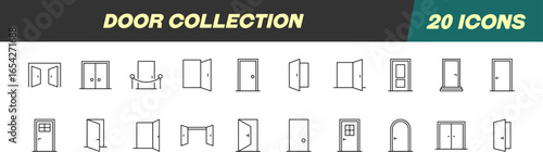 Collection of Line Signs of Doors. Suitable for books, stores, shops. Editable stroke in minimalistic outline style. Symbol for design
