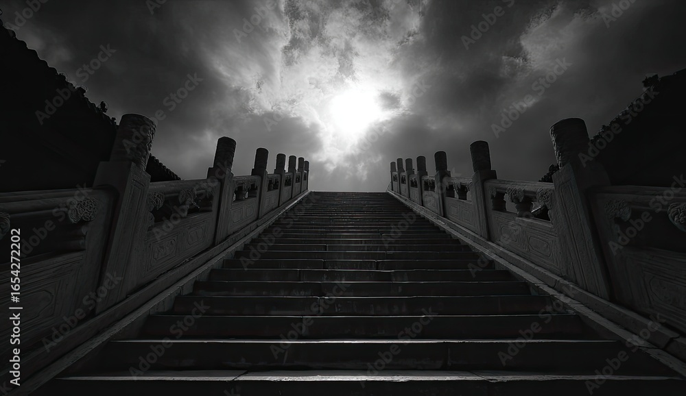 Obraz premium Black and white stone steps ascend toward a bright sky