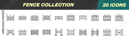 Collection of Signs of Fence. Suitable for books, stores, shops. Editable stroke in minimalistic outline style. Symbol for design