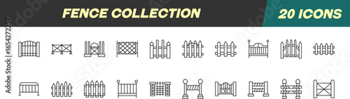 Collection of Line Signs of Fence. Suitable for books, stores, shops. Editable stroke in minimalistic outline style. Symbol for design