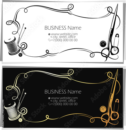 Black and gold business card for sewing and cutting salon