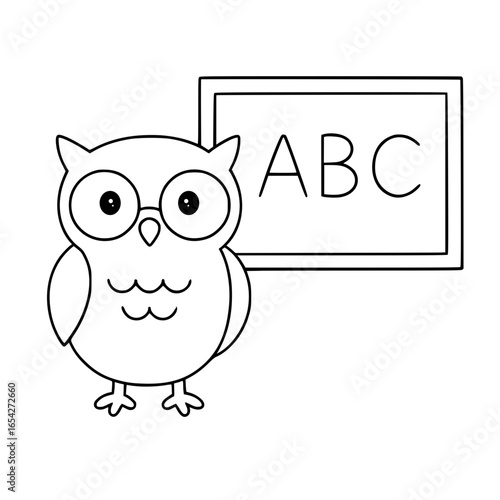 Cartoon wise owl standing next to ABC chalkboard for coloring book  