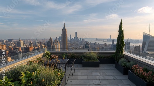 An image of a rooftop terrace with a garden and a beautiful view of the city skyline.