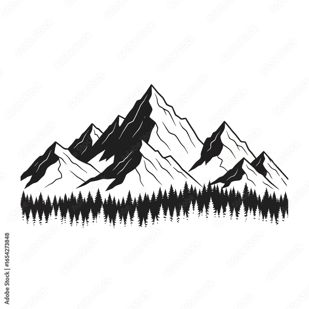 Fototapeta premium Majestic Peaks Hand-Drawn Mountain Range Illustration with Evergreen Forest Silhouette