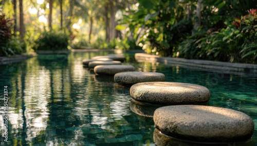 Serene pathway of smooth, flat stones across a tranquil pool, lush tropical foliage surrounds