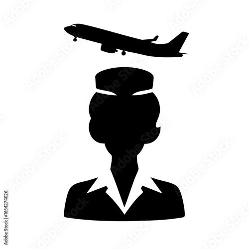 Flight attendant silhouette with airplane icon above head  