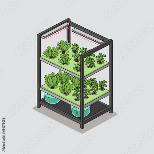 Indoor hydroponic system cultivating leafy greens under artificial lighting.
