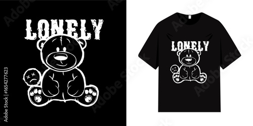 Urban street style typography. Lonely text, grunge brushstrokes. Vintage teddy bear emoji. Vector graphic artwork for t-shirts, posters, stickers, and more.