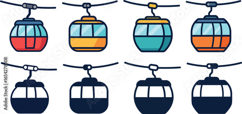 Colorful Cable Car Vector Set for Mountain and Ski Lift Transport