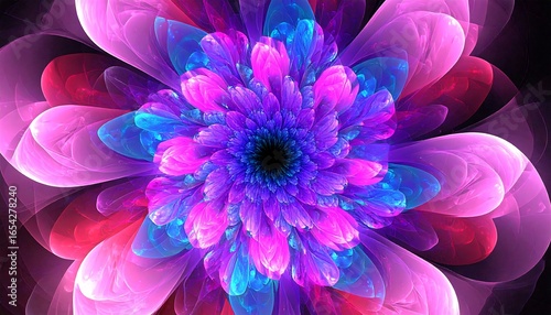 A vibrant, intricate flower design showcasing a mesmerizing blend of pinks, blues, and purples, radiating an ethereal and beautiful mood.