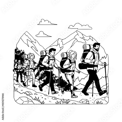 Group of hikers with backpacks and trekking poles walking on a trail with mountains in the background