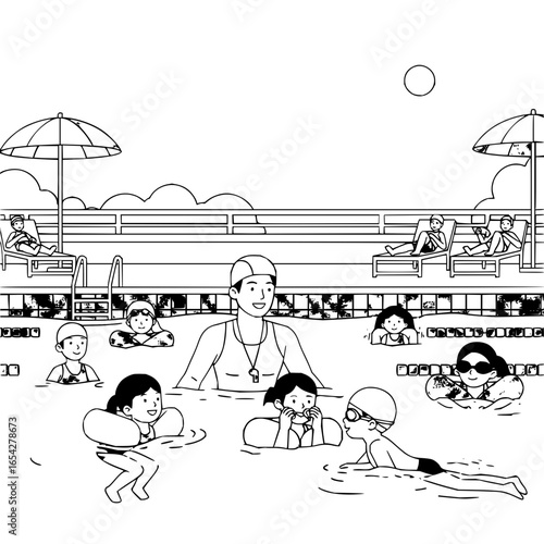 Illustration of a swimming pool with children swimming and a lifeguard overseeing the pool area with sunbathers