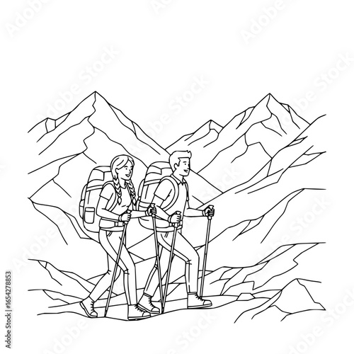 A couple hiking in the mountains with backpacks and trekking poles in a black and white illustration