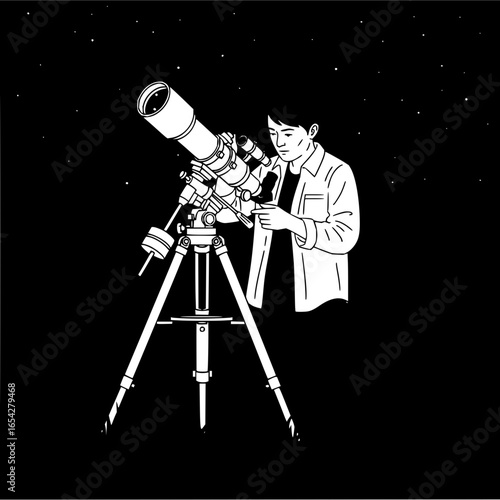 A person stargazing through a telescope under a starry night sky in a black and white illustration