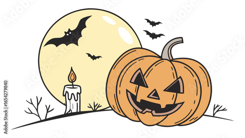 Modern Vector illustration of a Halloween pumpkin with a spooky carved face, Halloween pumpkin vector silhouette, easily editable.