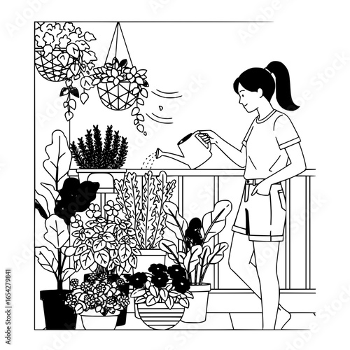 Woman is watering plants on her balcony with hanging plants and potted flowers in black and white style